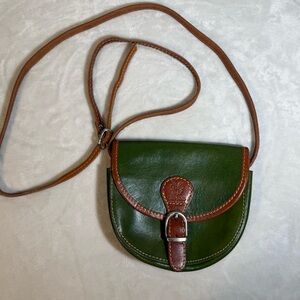 Vintage Vera Pelle Italian Leather Mini Saddle Crossbody Bag Green Brown